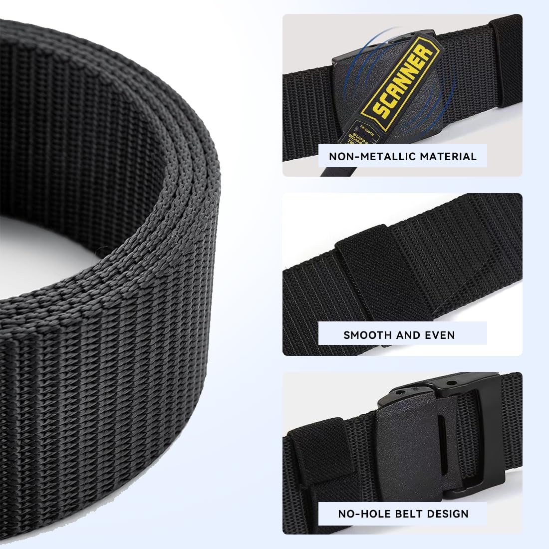 Cinturón de Nylon Ajustable para Niños sin Metal, Seguro para Aeropuerto, Viajes y Escuela, Negro