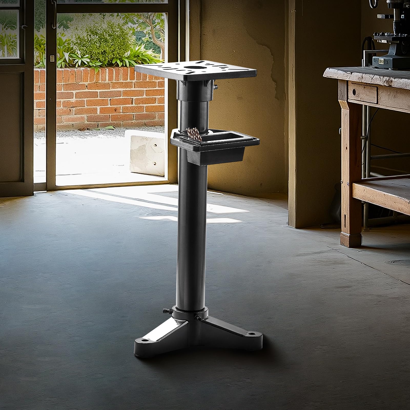 VEVOR Soporte para Amoladora de Banco, Pedestal de Suelo Resistente con Tornillo de Banco y Placa de Montaje 27 x 27 cm, Ranuras de Montaje Precortadas y Depósito de Agua, 370 x 370 x 840 mm