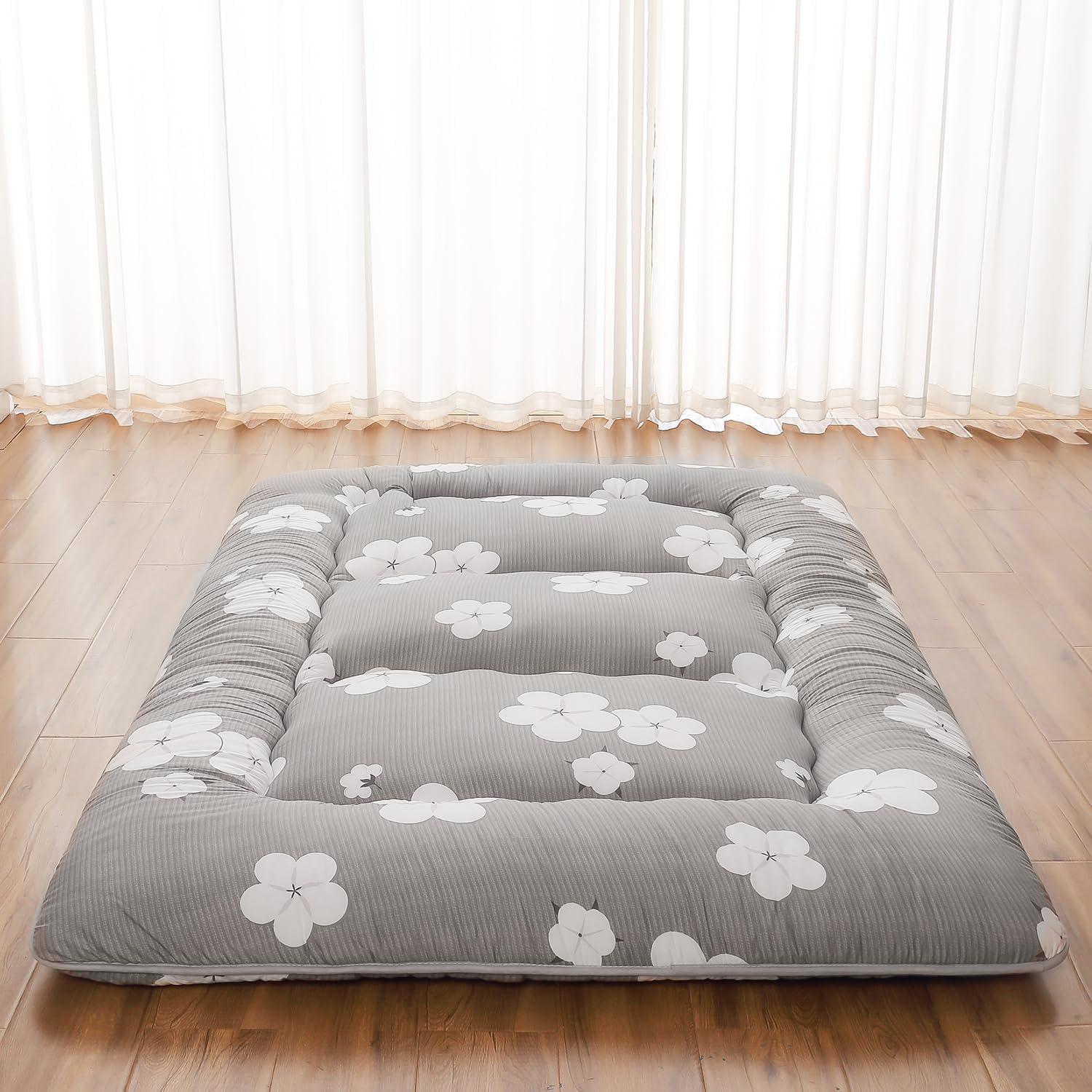 Zelladorra Japanese Floor Mattress Full, Futon Mattress with Storage Bag and Washable Cover, Roll Up Tatami Mat Suitable for Guest Room, Grey Cotton