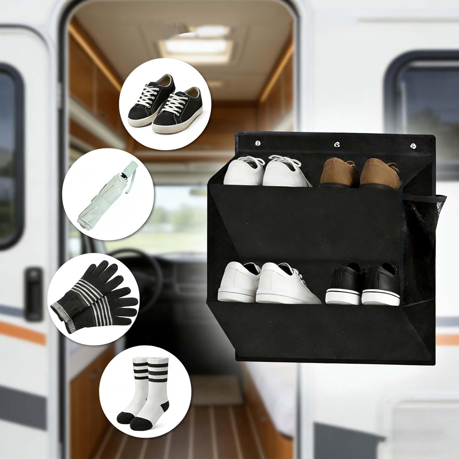 2 Pack Organizer for Motor Homes, Hanging Storage with Large Pockets for Shoes Clothes & Motor Homes Essentials, Black