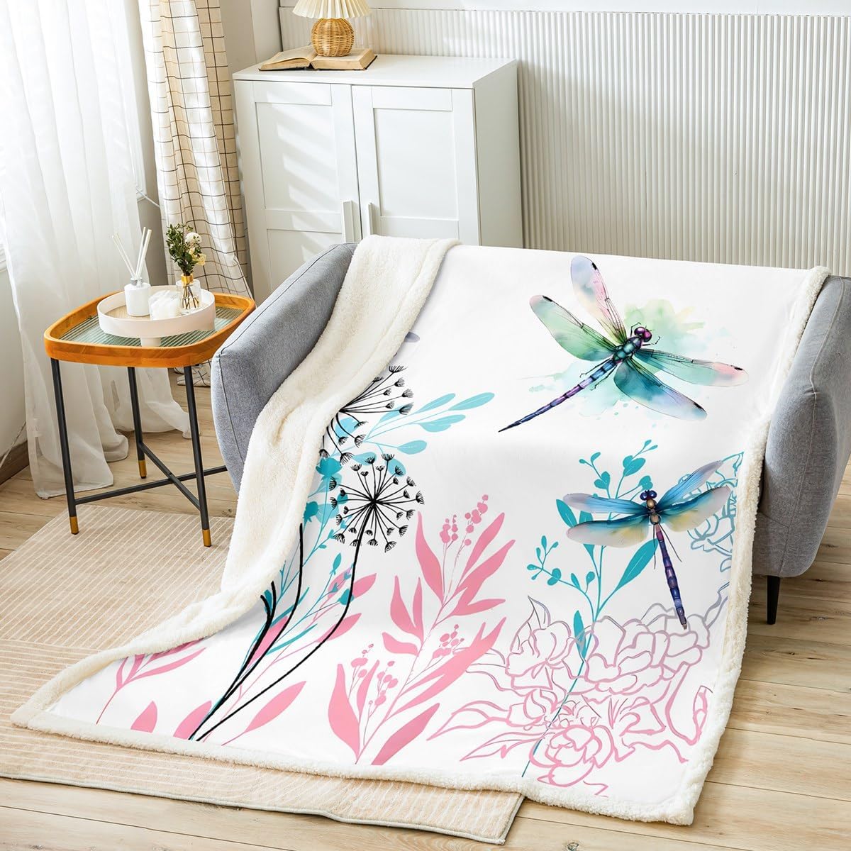 Dragonfly Fleece Throw Blanket Kids Dandelion Plush Blanket for Teens Teal Sherpa Blanket Breathable Pink Flower Fuzzy Blanket Room Decor Nutrue Fuzzy Blanket for Sofa Bed Couch,Twin 60x80 Inches
