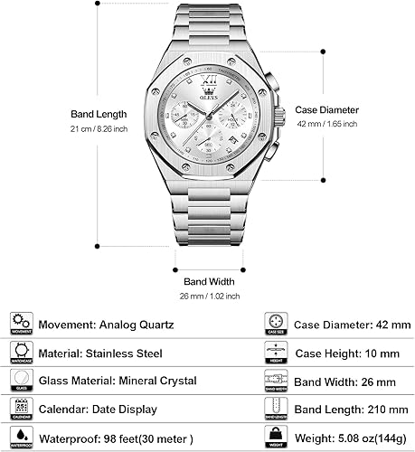 Miniatura 5 de OLEVS Reloj de acero inoxidable para hombre, octogonal de tres manecillas, de cuarzo, analógico, de lujo, fácil de leer, calendario, fecha,