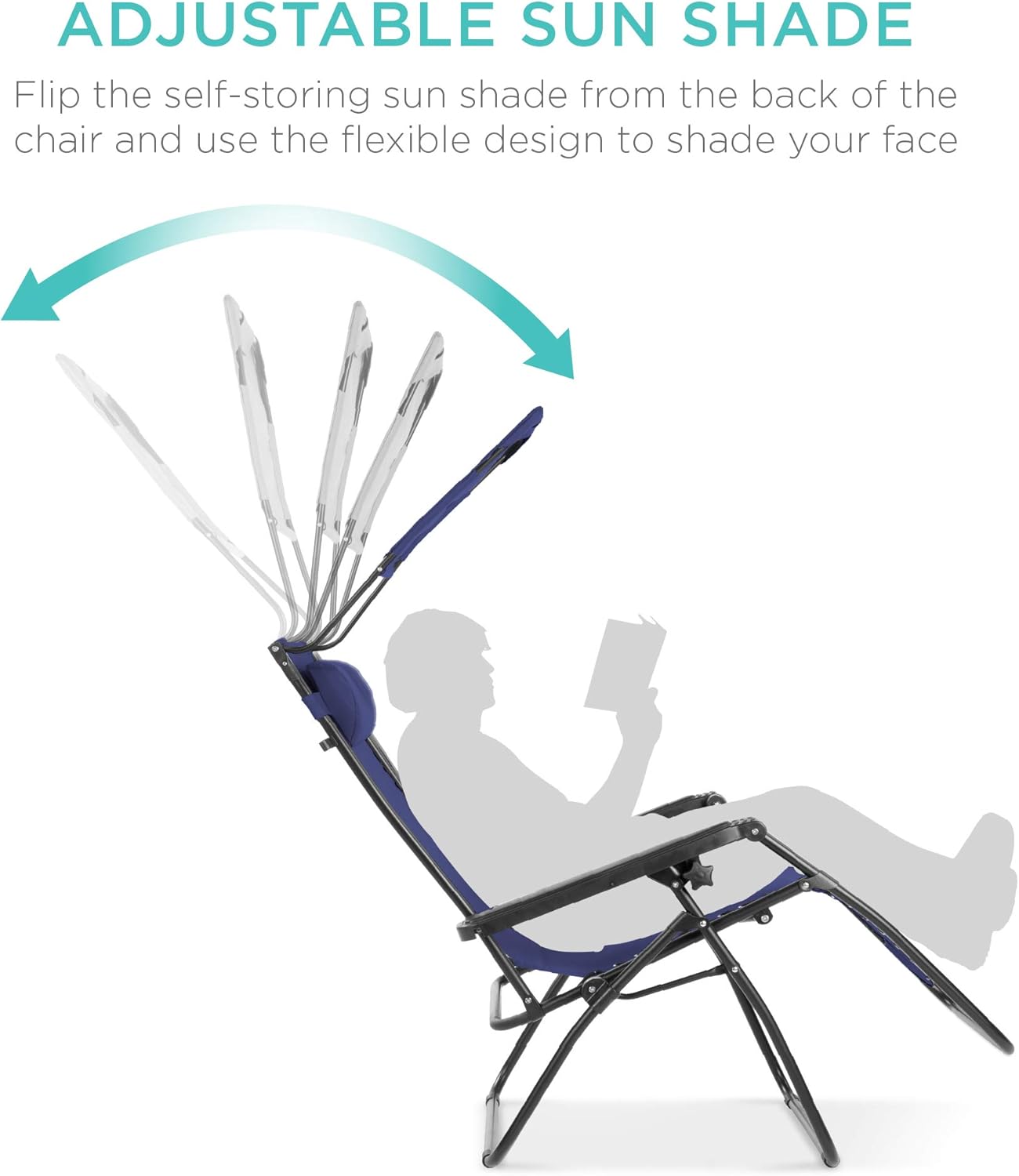 Best Choice Products Folding Zero Gravity Outdoor Recliner Patio Lounge Chair w/Adjustable Canopy Shade, Headrest, Side Accessory Tray, Textilene Mesh - Navy Blue