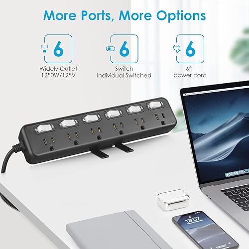 Miniatura 9 de JUNNUJ - Abrazadera de escritorio con interruptor individual, 6 tomas de corriente 800J, protector de sobretensiones, abrazadera extraíble para