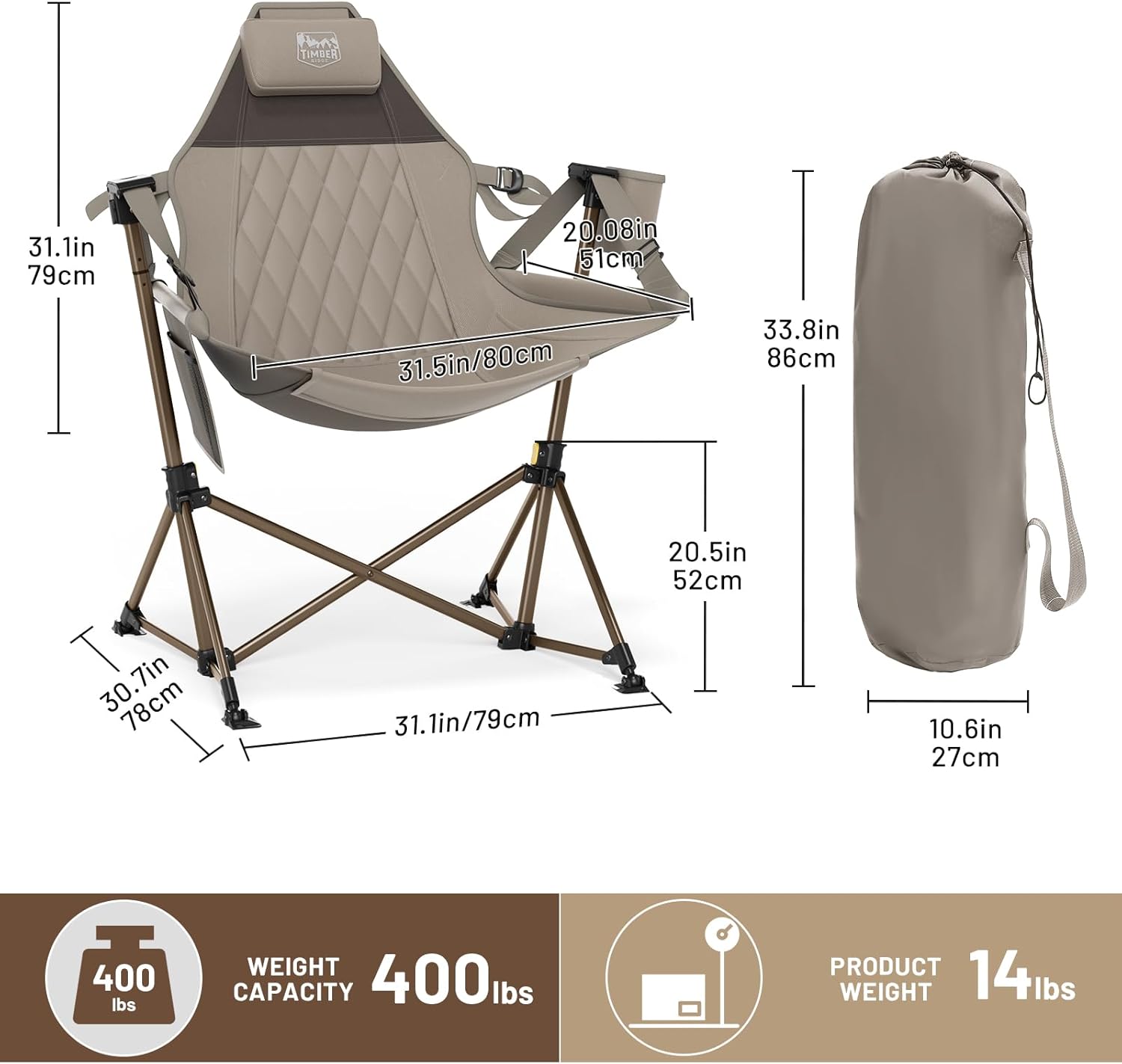 TIMBER RIDGE Hammock Camping Chair, Oversized Swinging Chair for Outdoor Lawn, Backyard and Patio, Supports 400lbs, Tan