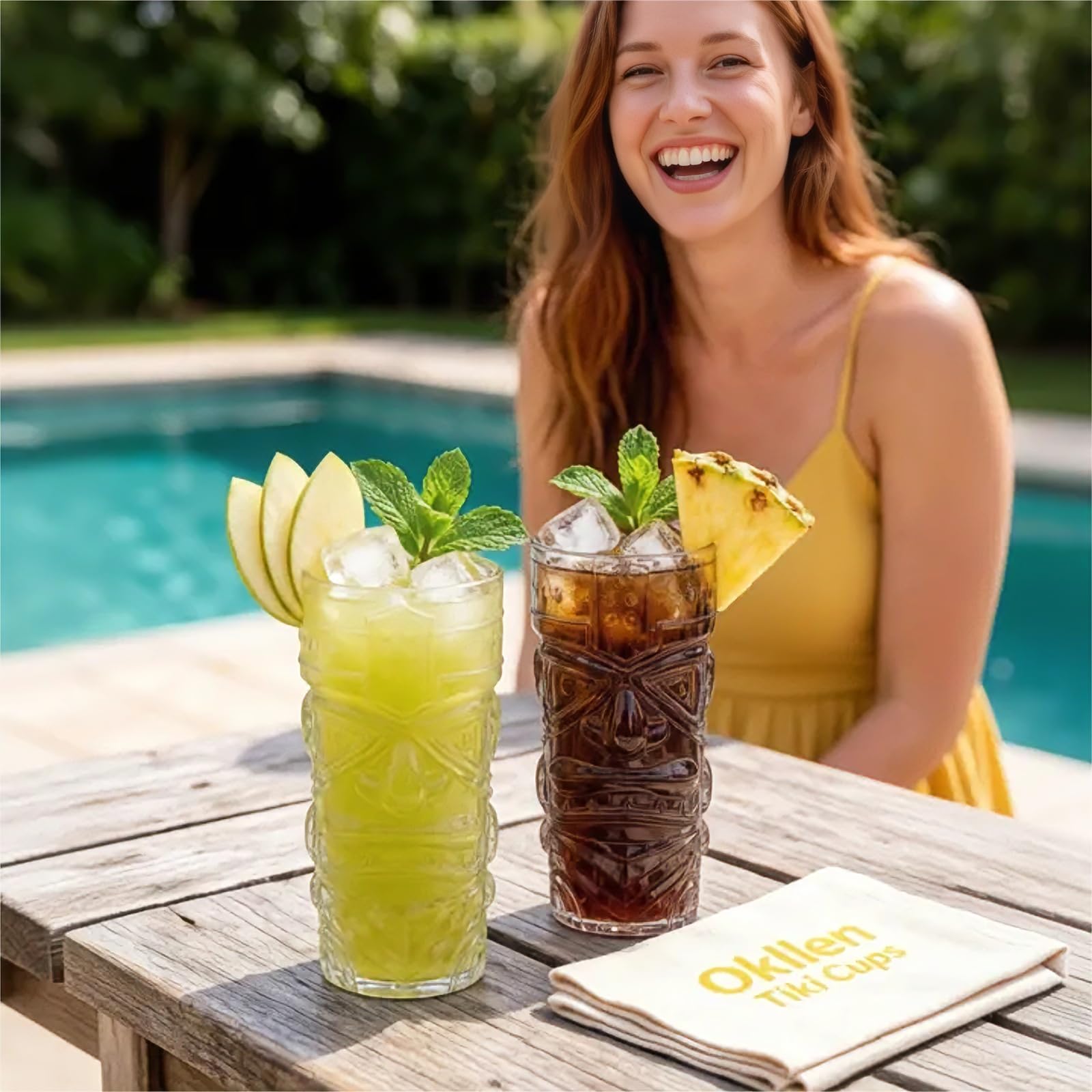 Okllen Paquete de 8 vasos Tiki de plástico, tazas de cóctel Tiki transparentes de 16 onzas, vasos elegantes y trapicales para beber para bar moderno, fiesta hawaiana, suministros de fiesta Luau