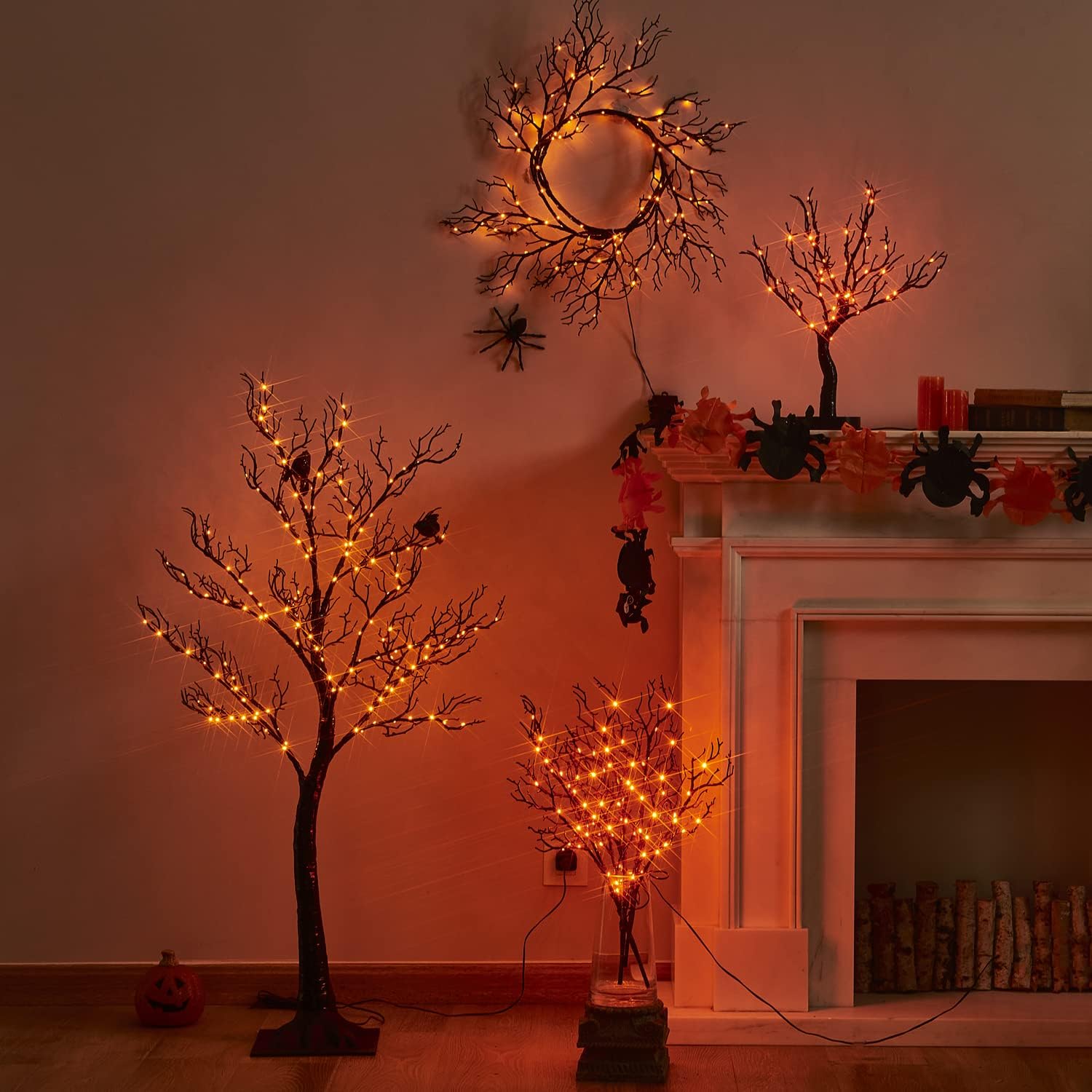 Fudios Lighted Black Halloween Trees with 150 Orange LED Fairy Lights 4FT Plug in, Spooky Halloween Tree Lights for Indoor Outdoor Home Party Decor