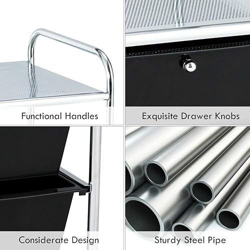 Miniatura 5 de Carrito de almacenamiento de 3 niveles, carrito de almacenamiento rodante con 4 cajones, 2 estantes, carrito de almacenamiento con asas y ruedas,