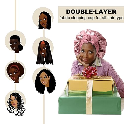 Miniatura 3 de Gorro de satén para mujer, gorro de seda grande de 2 capas con banda de corbata, gorro de dormir de seda con 3 coleteros (rosa polvo)