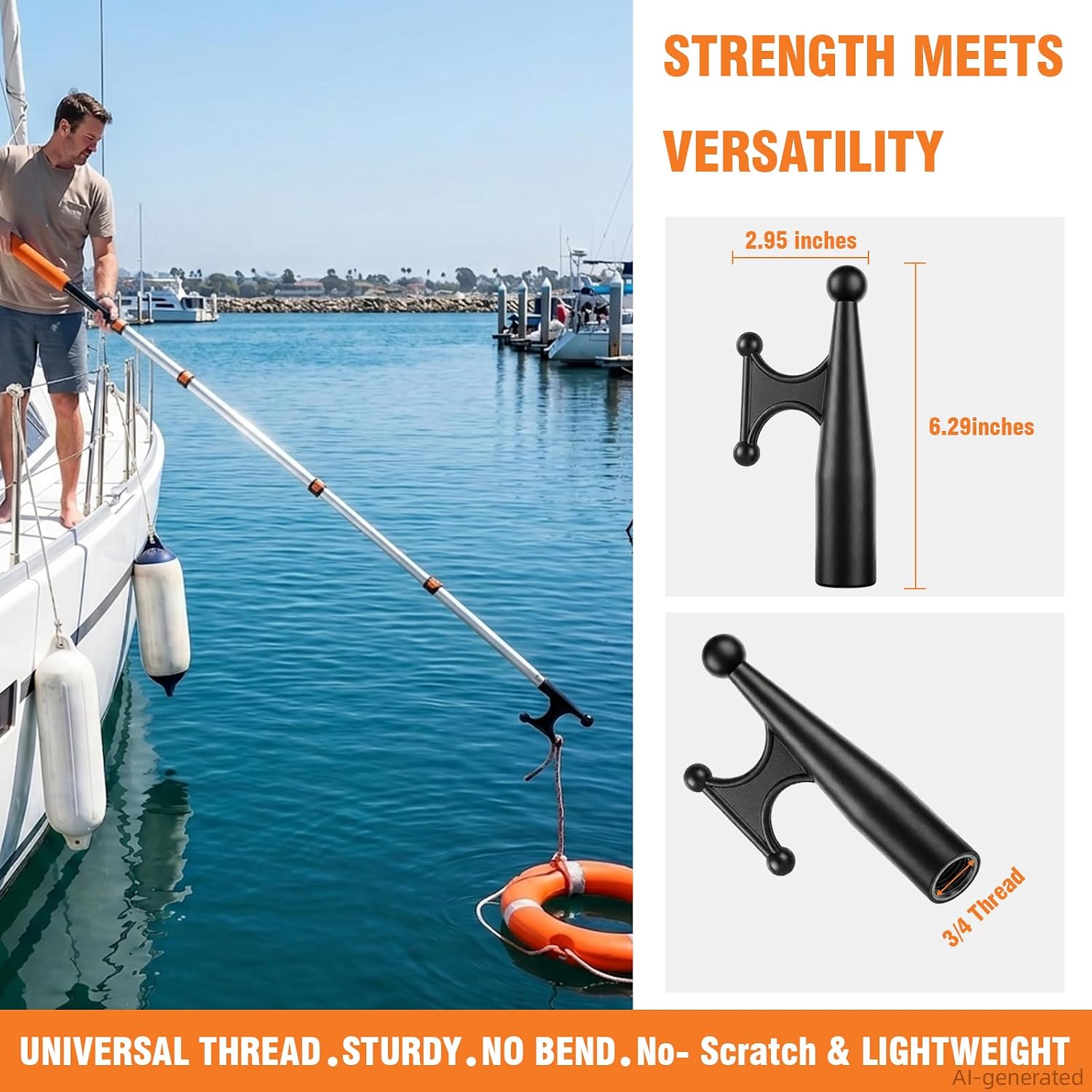 Telescopic Boat Hook for Pushing & Pulling Boating, Heavy-Duty Retractable Hook Pole with Scratch-Free Standard 3/4’’ Acme Threaded Extendable Docking and Mooring for Boat Marine Home & Workshop Use
