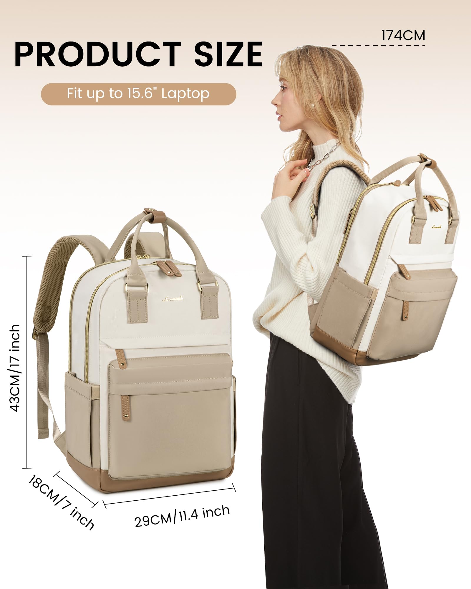 LOVEVOOK Zaino Porta PC Donna, 15.6 Pollici Zaino da Viaggio Scuola Università Grande, Impermeabile Zaino Lavoro Ufficio Antifurto Elegante, Computer Laptop Travel Backpack Waterproof Cachi