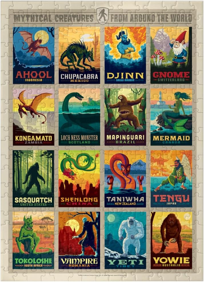 MyPuzzle Mythical Creatures from Around The World, Vintage Poster - Premium 300 Piece Jigsaw Puzzle for Adults