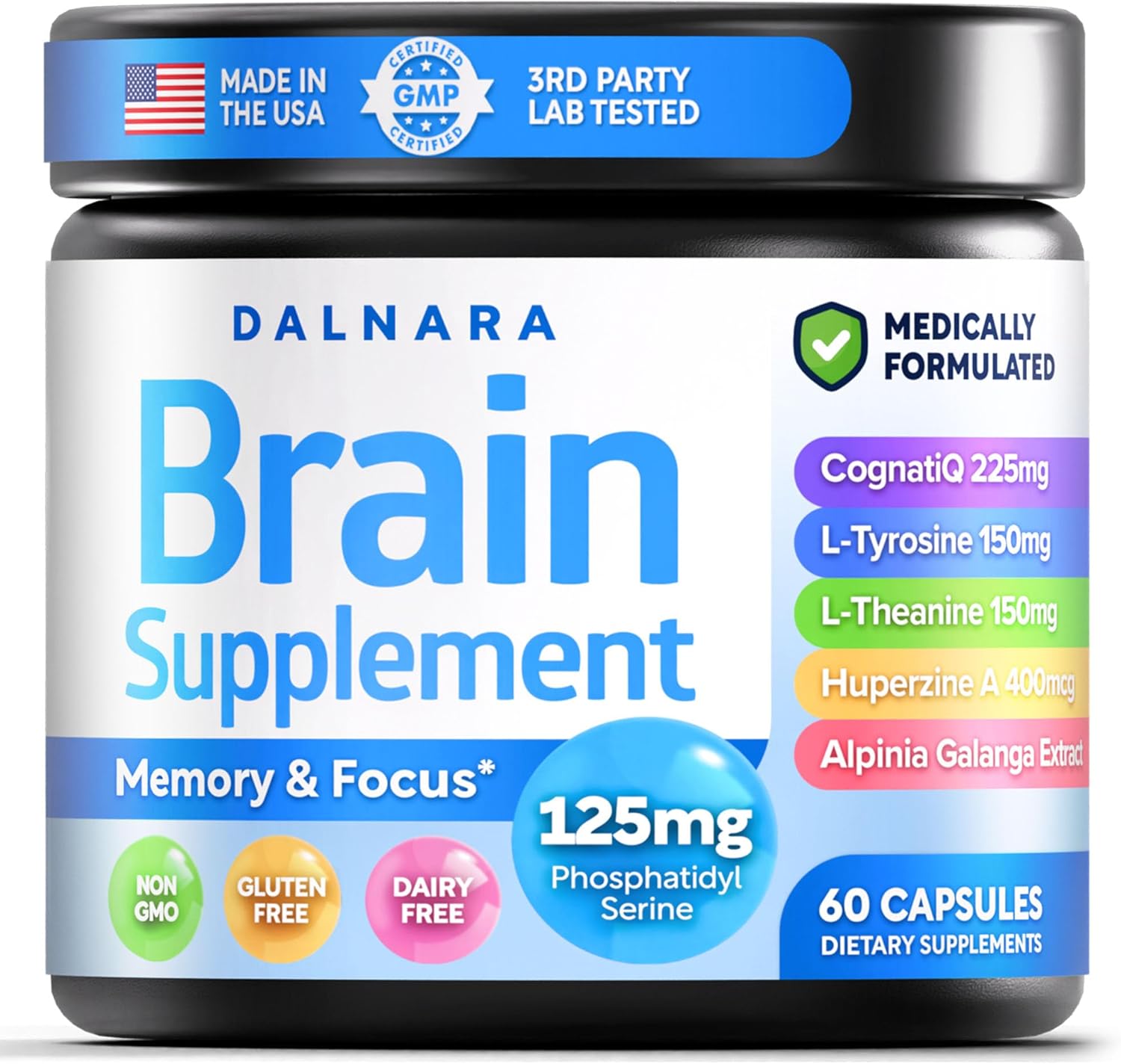 Brain Supplements for Memory and Focus for Men and Women - Nootropic with Alpinia Galanga, CognatiQ, Phosphatidylserine, L-Theanine, L-Tyrosine - Brain Booster Memory Pills Brain Health - 60 Capsules