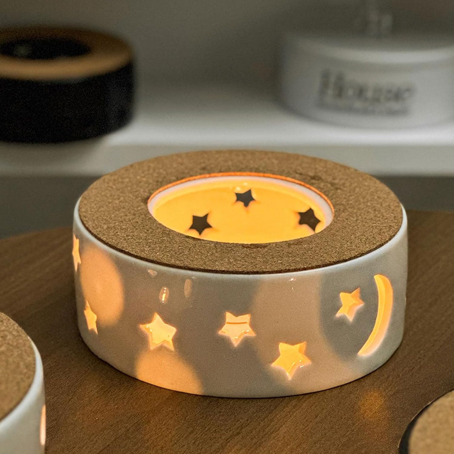 Ceramic Teapot Warmer with Cork Pads Star and Circle Hollow Design Tealight Holder for Heating Coffee Milk Tea Warmer -B
