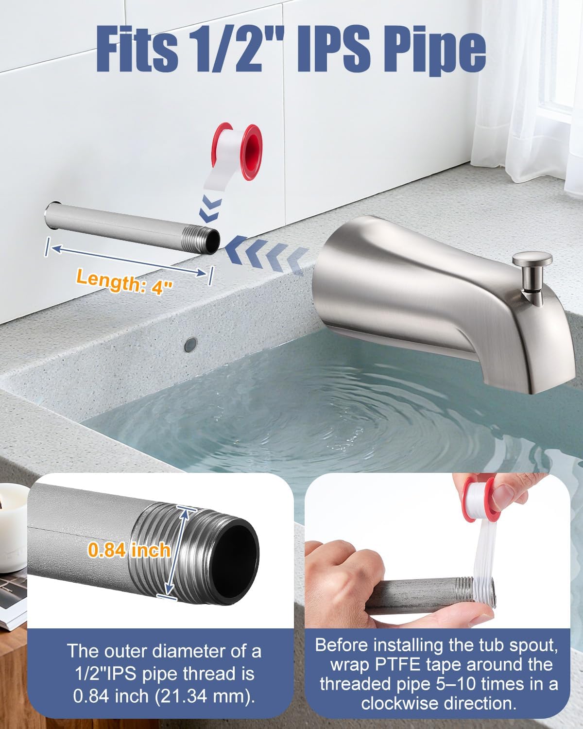 Universal Bathtub Tub Spout with Diverter, Wall Front Mount Tub Faucet Spout 1/2" IPS Thread, Compatible with Westbrass E531D-1F-62 Replacement (Brushed Nickel)