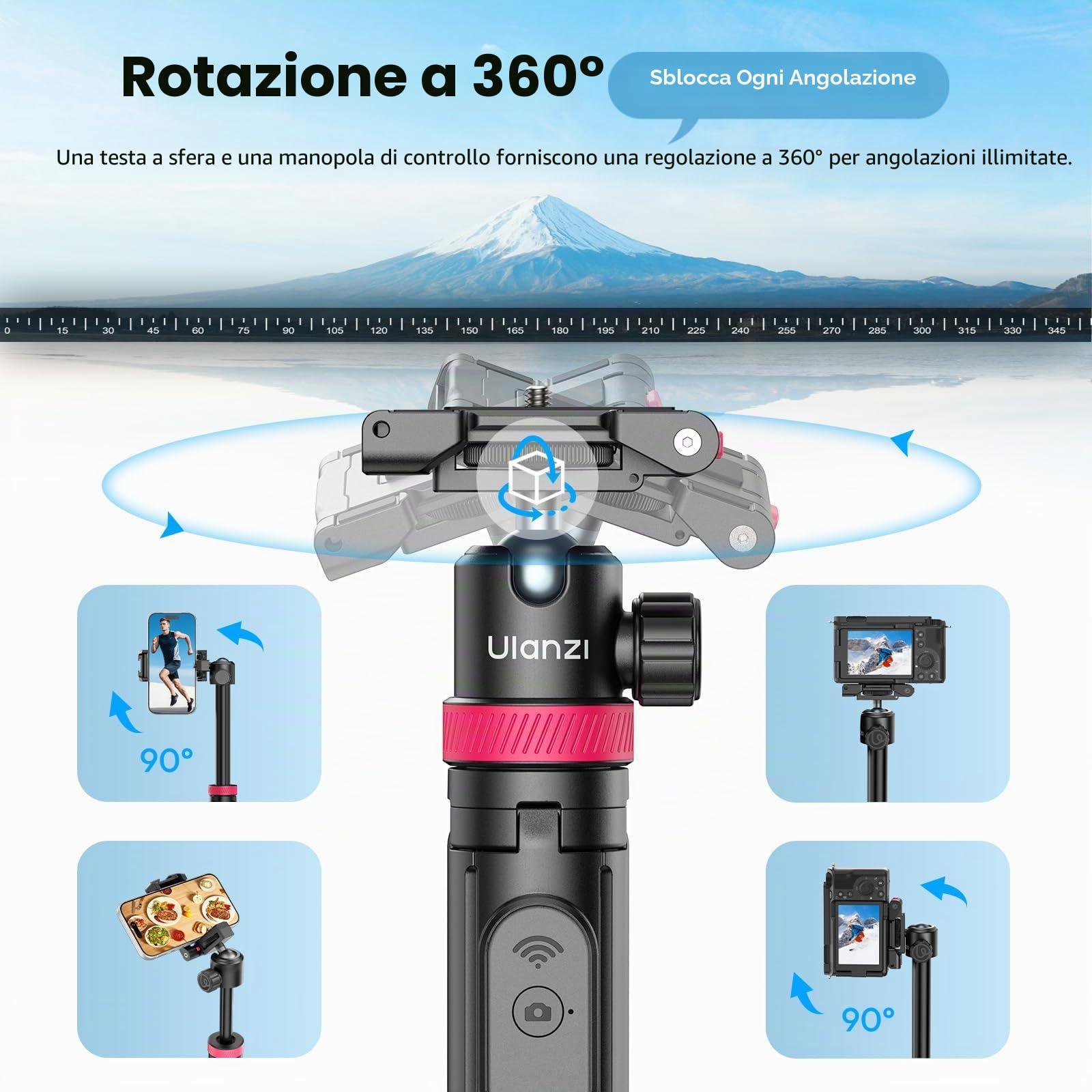 Ulanzi MT-44B Asta per selfie Doppio Slot per smartphone & mirrorless 150 cm, Treppiedi per cellulare Quad Base, Cavalletto macchina fotografica 415 g, Compatibile con iphone/samsung/realme/xiaomi