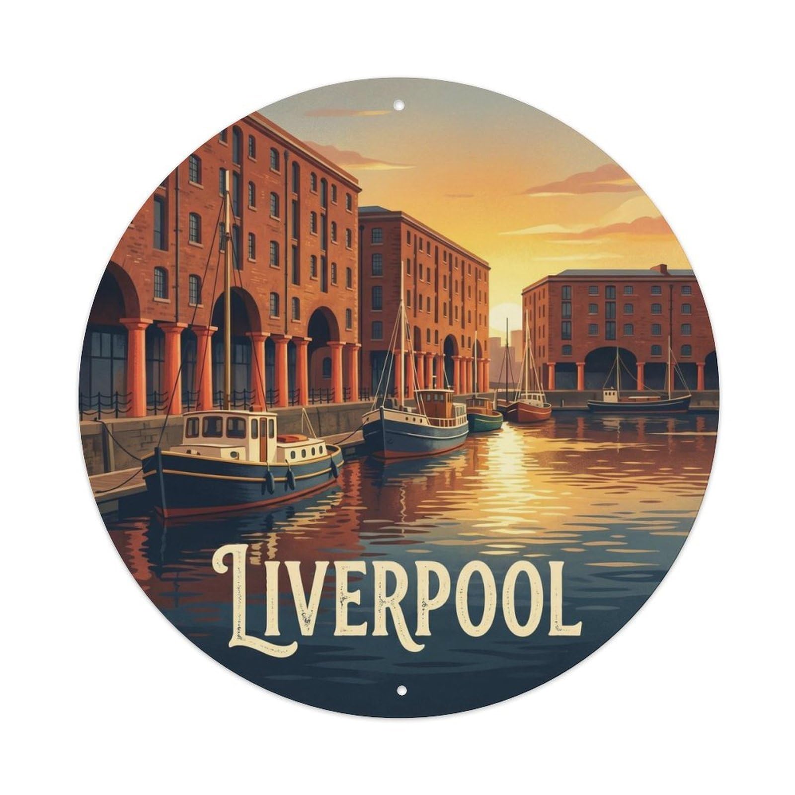 Liverpool Albert Dock Red City Map Vintage Travel Waterfront Metal Tin Sign Plaque Wall Decor for Cafe, Man Cave, Club Bar, Office, Home Garden Round Metal Poster 8x8Inch