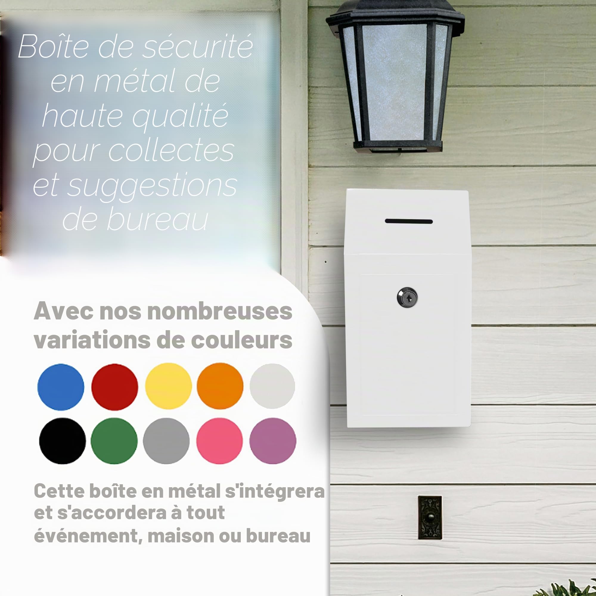 Boîte à suggestions en métal avec fente supérieure pour pièces de monnaie et serrure incluses avec 2 clés – Montage mural facile ou utilisation sur le comptoir (blanc cassé)
