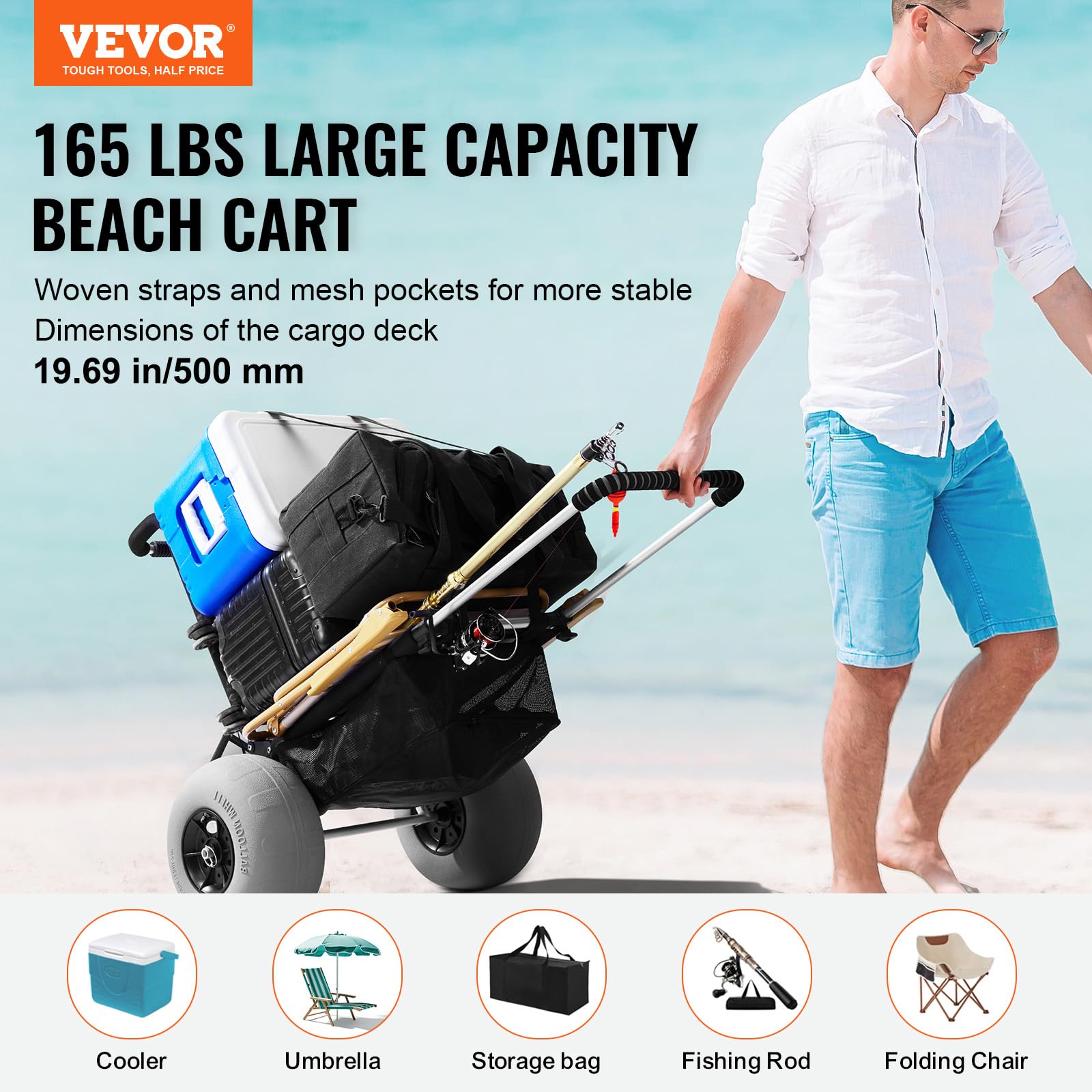VEVOR Wózek plażowy z dużymi kółkami na piasek, 76 cm x 39 cm, z kółkami balonowymi 30 cm, nośność 75 kg, składany wózek na piasek od 68 cm do 113,5 cm, regulowana wysokość, wytrzymały wózek na plażę