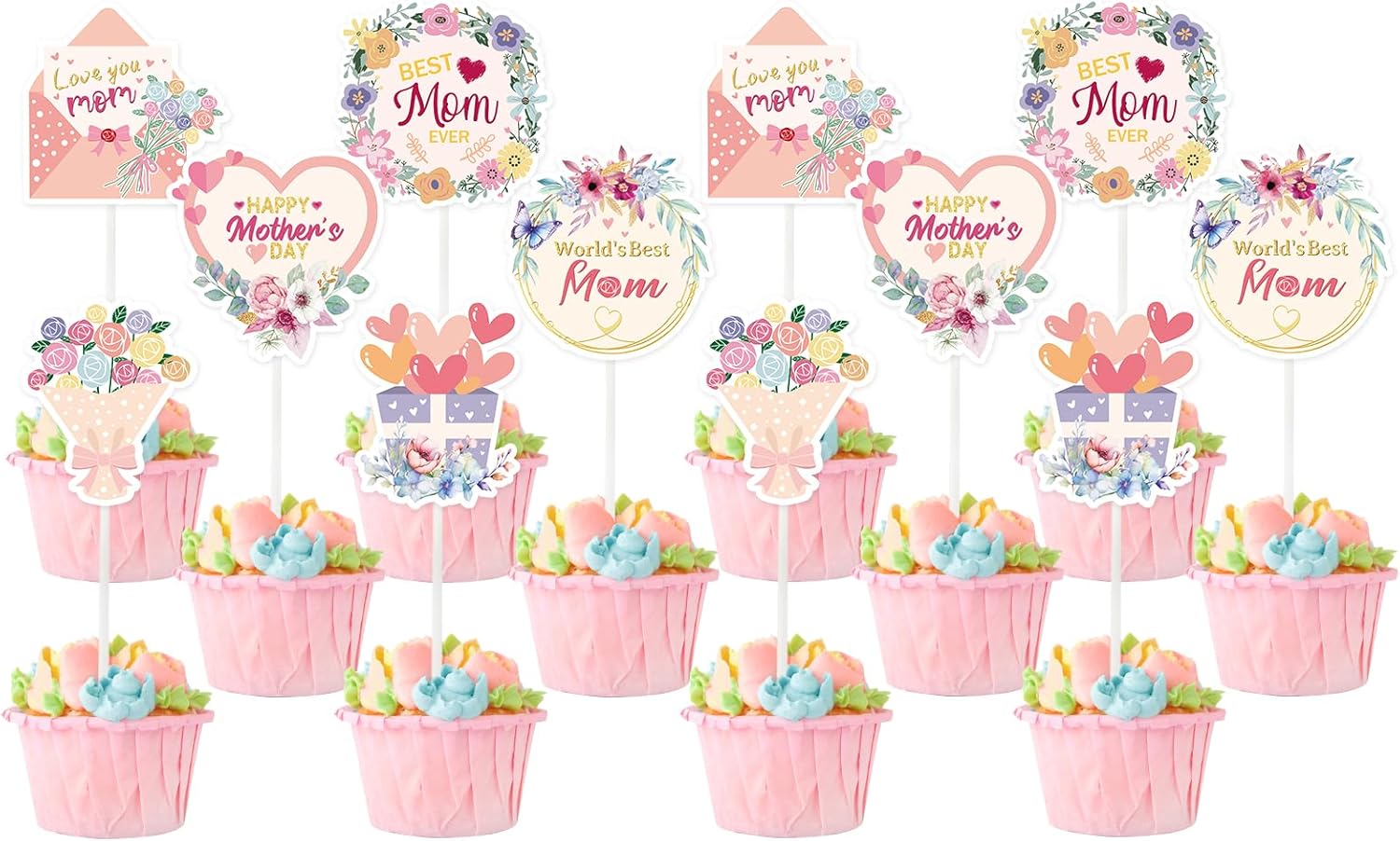 Happy Mother's Day Cake Toppers, 12 PCS Floral Cupcake Toppers for Flowers Bouquet Mothers Day Decorations Father's Day Birthday Party Supplies