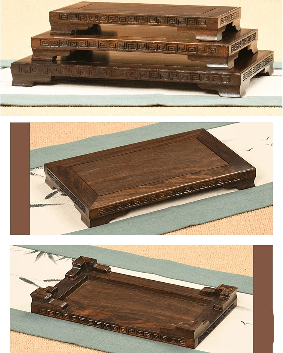 LUCBEI 盆栽ベース 中国木製ディスプレイスタンド 木製ベース 長方形台座 彫刻付き (高さ1.18インチ) 安定したホームデコ