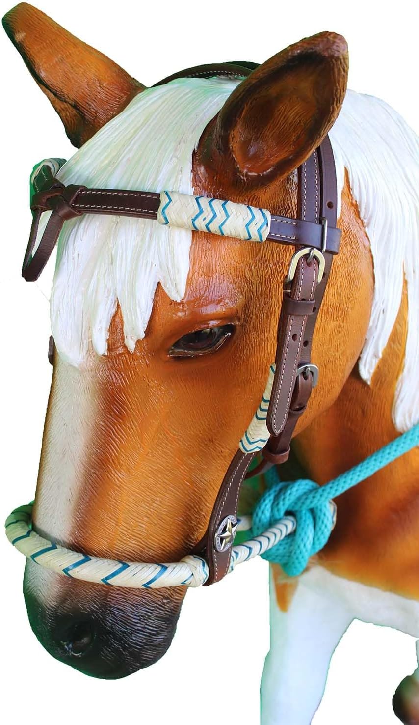 CHALLENGER Horse Western Knotted Bosal Rawhide Hanger Headstall w/Turquoise Braided Reins 78J04TR