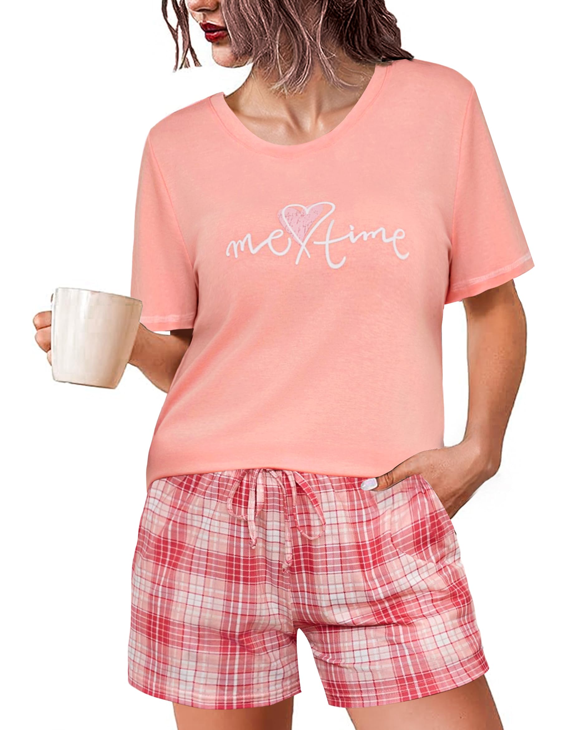 Leversic Schlafanzug Damen Kurz Baumwolle, Sommer Zweiteiler Pyjama Damen Set Karierte Shorts und Oberteil mit Herzaufdruck