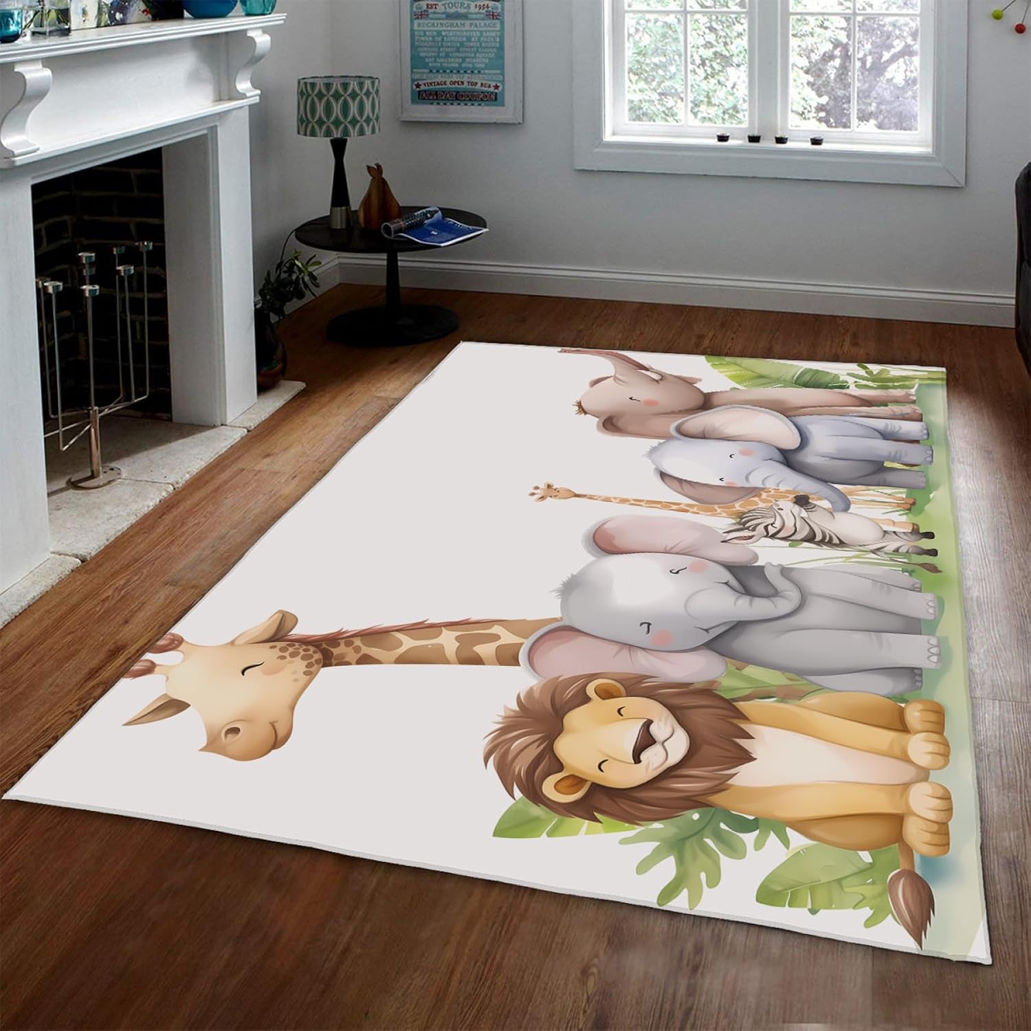 Cartoon Animals Door Mat for Kids Bedroom Living Room Large Carpet Cute Lions Giraffe Elephant Zebra Pattern Area Rug Nursery Rug 2'x3'