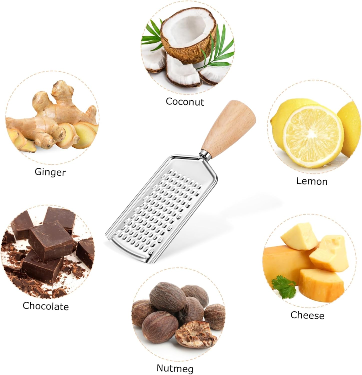 Stainless Steel Kitchen Grater Wooden Handle with Non-Slip | Wood and Stainless Steel Build, Easy Cleaning, for Families, Restaurants, Hotels, Silver Finish