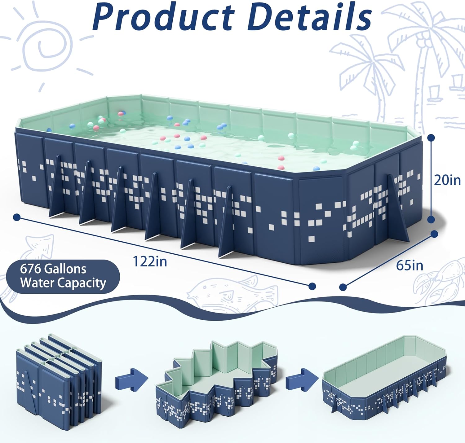 Extra Large Non-Inflatable Swimming Pool for Family,Foldable Pools with 14 Triangle Bracket,Hard Plastic Shell Adult Collapsible Pool,Portable Folding Kids Pools for Backyard. (122IN)