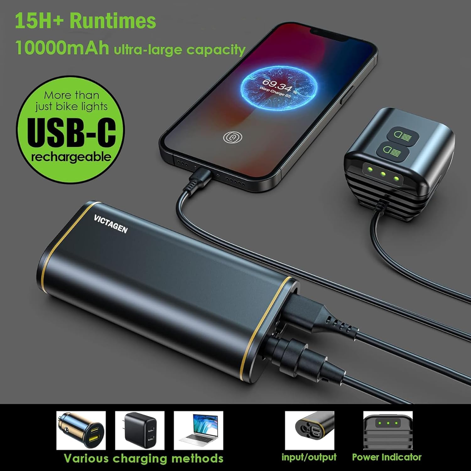 Image showing the Victagen bike light's 10000mAh battery pack being charged via USB-C and also used to charge a smartphone, highlighting its power bank function.