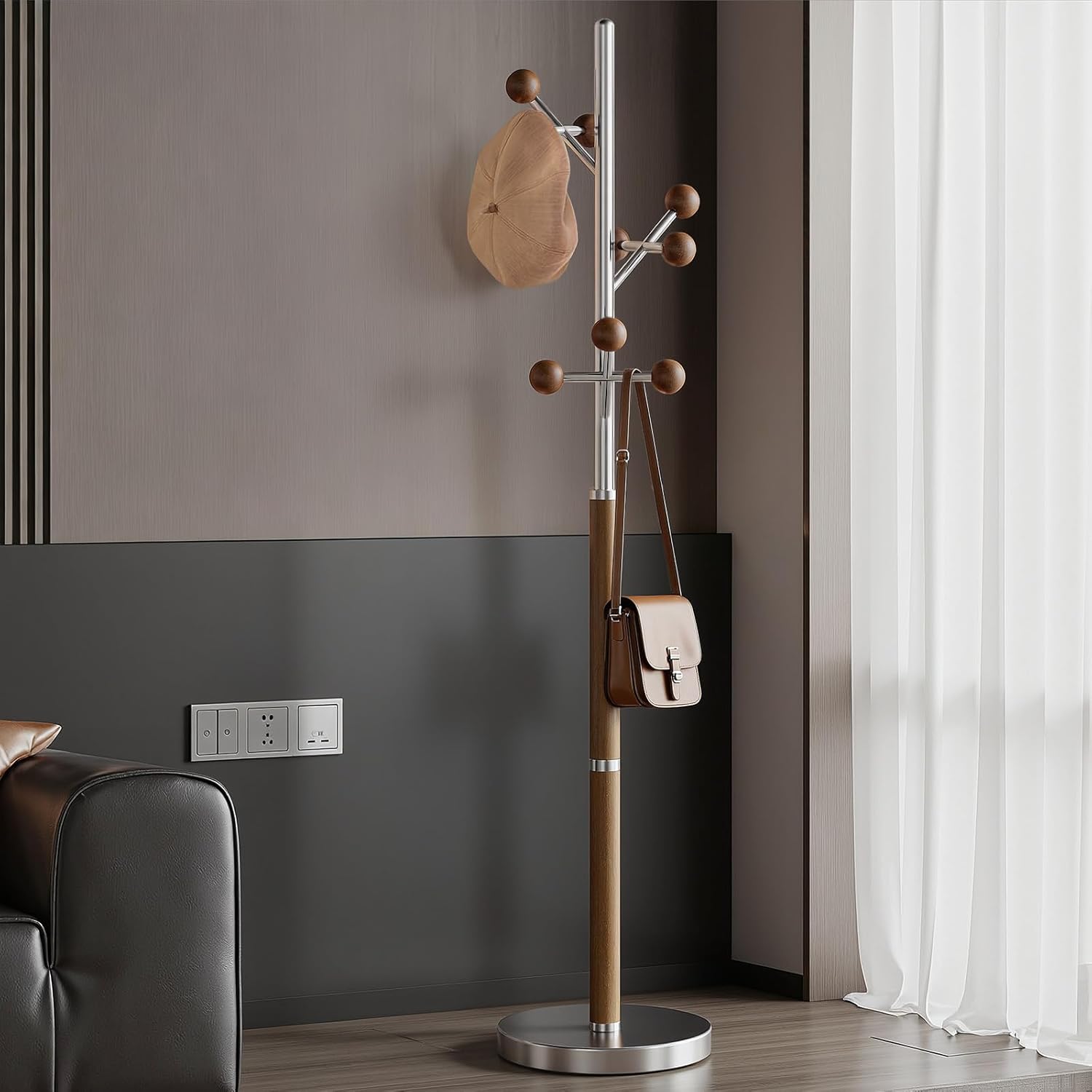 Coat Rack Freestanding, Metal Coat Tree with 9 Rubber Wood Hooks, Heavy Duty Coat Hanger Stand with Marble and Stainless Steel Base, Standing Hall Tree for Clothes, Hats, Bags, Jacket