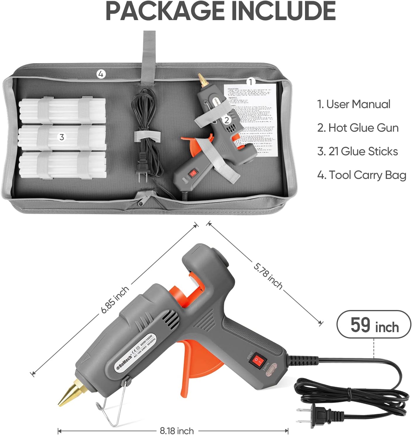 ROMECH Full Size Hot Glue Gun with 60/100W Dual Power and 21 Hot Glue Sticks (7/16"), Fast Preheating Heavy Duty Industrial Gluegun with Storage Case for Crafting, DIY and Repairs (Gray)