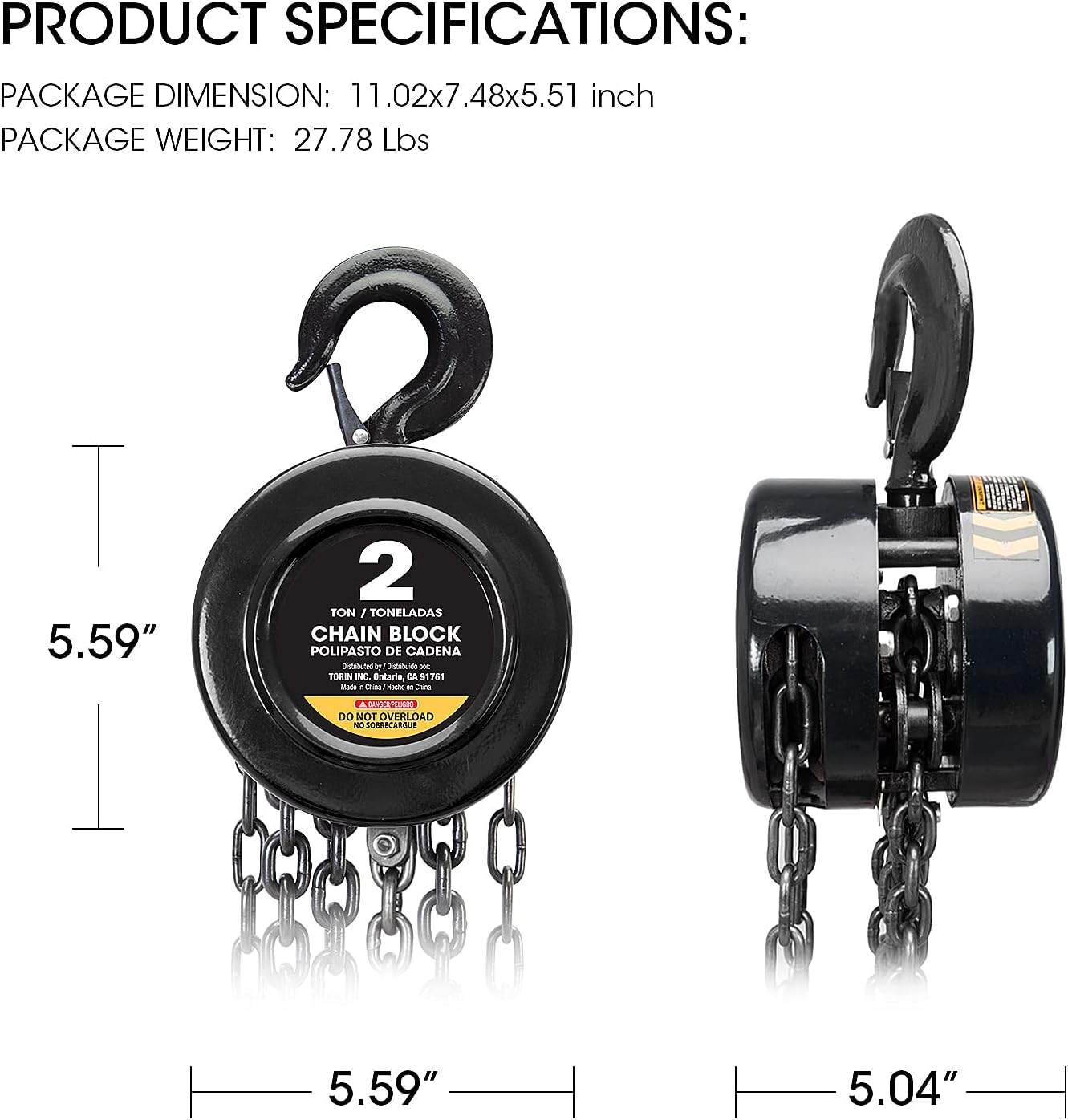 Torin ATR9020B Manual Hand Lift Steel Chain Block Hoist with 2 Heavy Duty Hooks, 2 Ton (4,000 lb) Capacity,8ft/2.5m Black