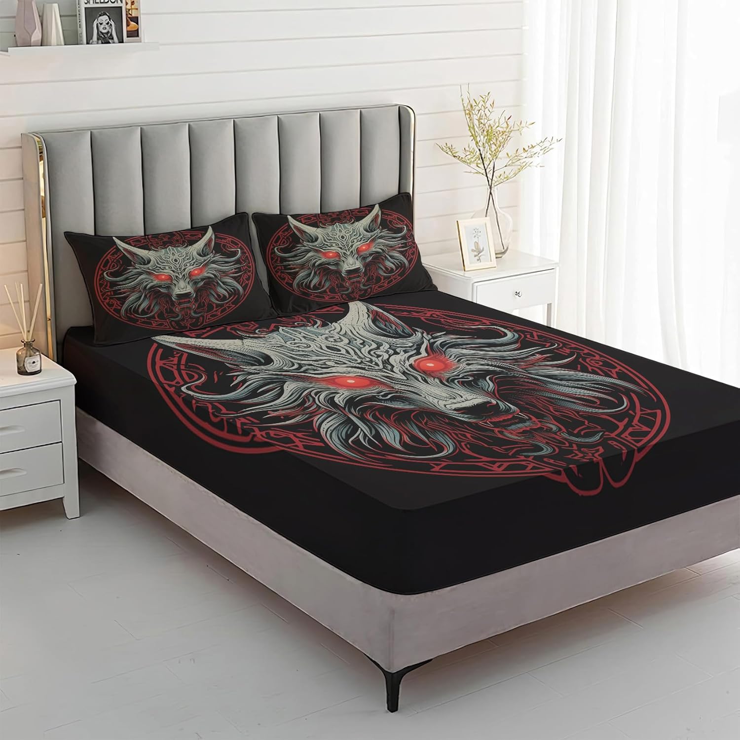 Queen Sheet Set Viking - Norse Wolf Bed Sheets - Mythology Sheet Set - 16 Inch Deep Pocket - Ultra Soft Winkle Free Microfiber Bedding Sheets & Pillowcases 4 Piece