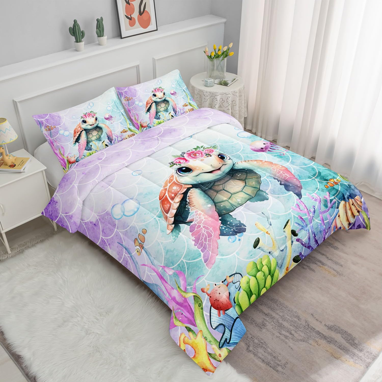 Cartoon Sea Turtle Comforter Set Mermaid Scale Turtle Printed Bedding Set with 1 Comforter and 2 Pillowcases for Boys and Girls Bedroom All Season(Turtle Queen)