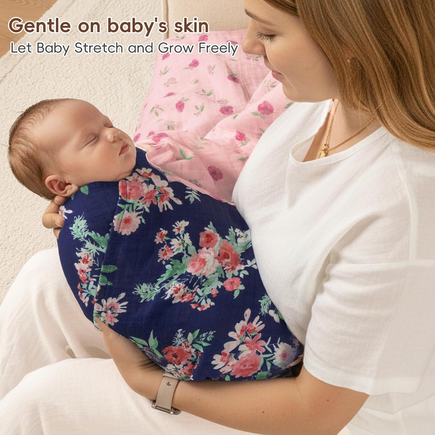 david's kids 4 Pack Baby Muslin Swaddle Blankets,100% Cotton and Ultra Soft Breathable Receiving Blanket Wrap for Girls, New Born Essentials, Large 47 x 47 inches, Floral Flowers/Pink - Image 6