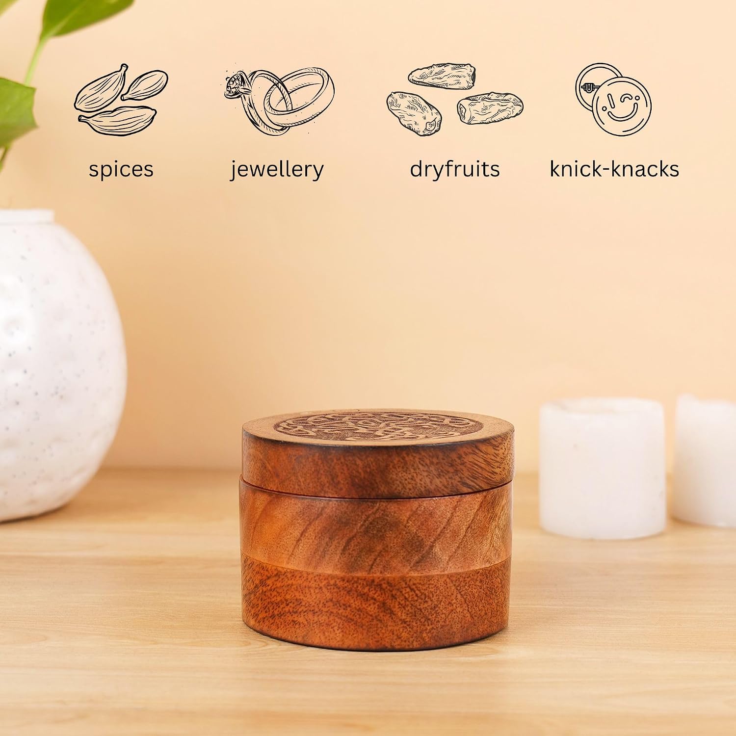Hashcart Salt Cellar Storage Box, Handcrafted Mango Wood Spice Box Container with Magnetic Lid, Salt Holder with Swivel Lid for Tabletop, Countertop, Kitchen, Dining Table, 3.5 x 2.75 Inches