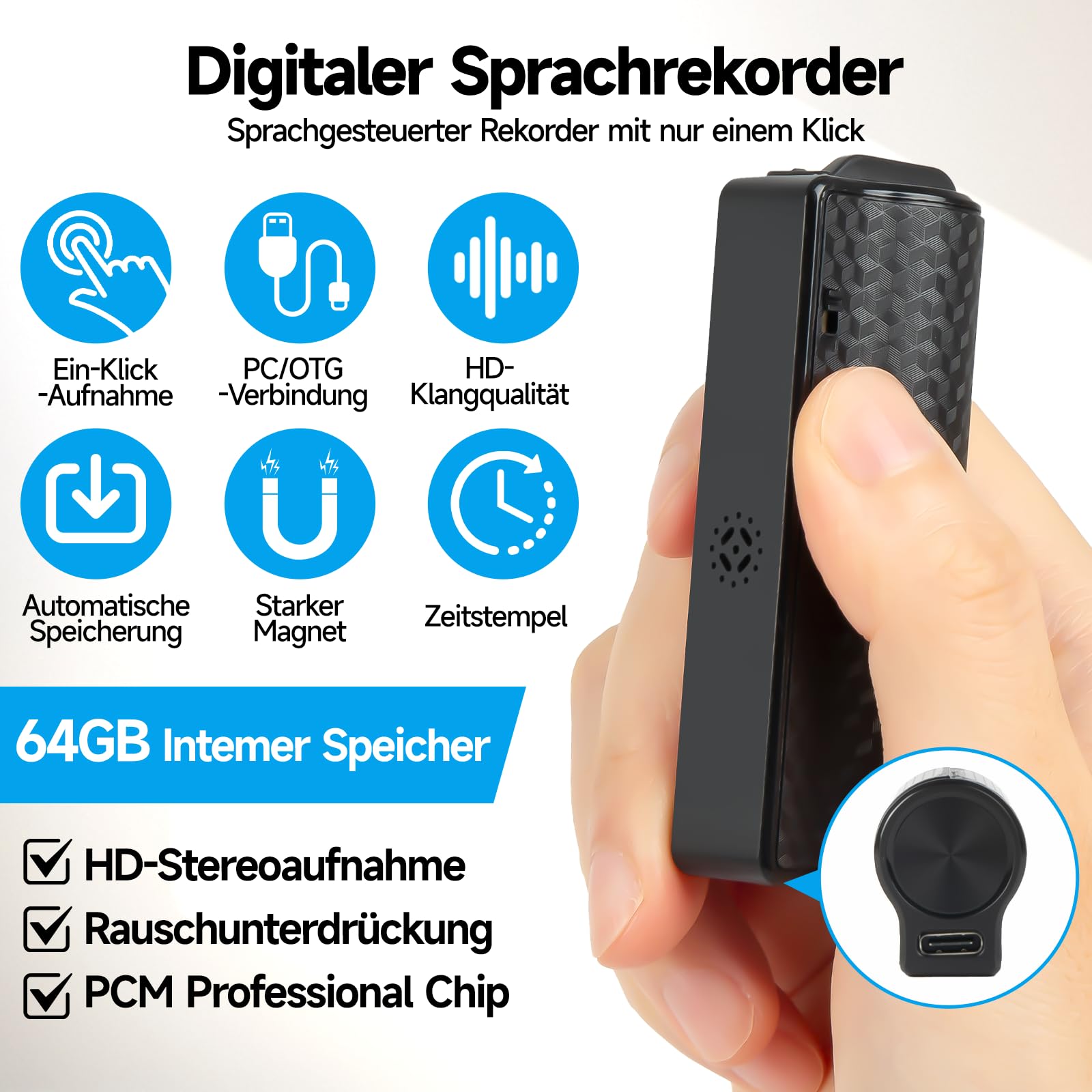 Grabadora de Voz magnética, Tiempo de grabación Continua de 30 días, grabadora de Voz espia activada por Voz Digital, Grabadora Audio Recargable USB grabadora