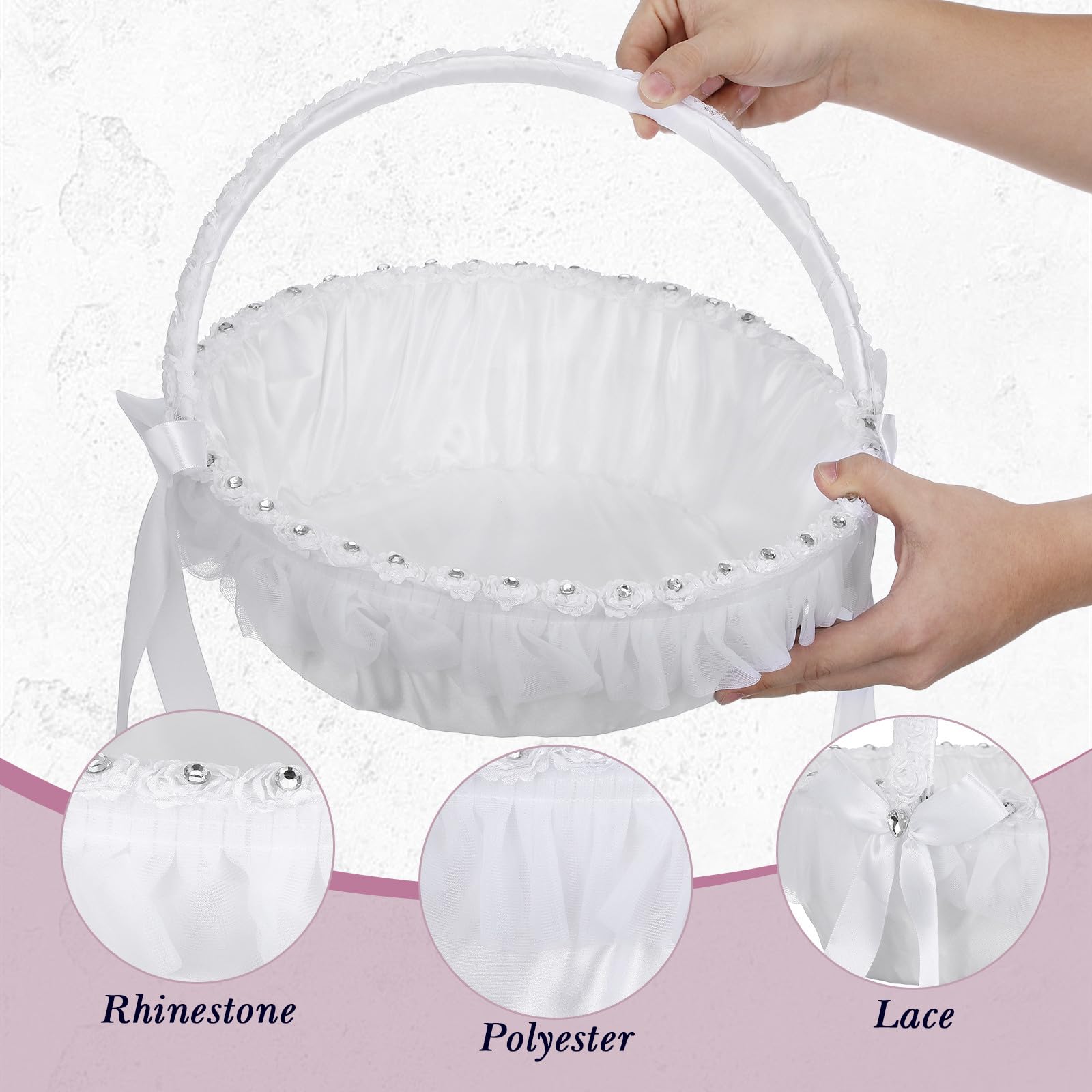 Hochzeitsblumenkorb Leicht zu Tragen und aus Polyester und Spitze Weißer Eleganter Wiederverwendbar mit Funkelnden Strasssteinen für Hochzeitszeremonien