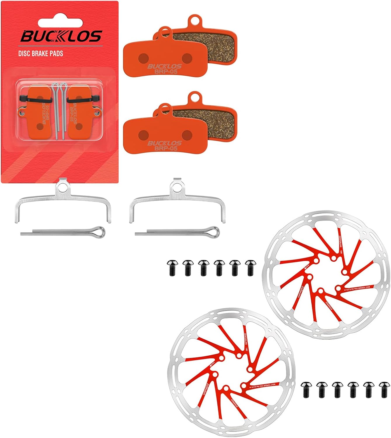 BUCKLOS 2 Pair Multi-Metallic Bicycle Disc 4 Piston Pads for Shimano D02S D03S Saint Deore XT XTR SLX Zee/Tektro/TRP and 2PC 180mm Red MTB Stainless Steel Bicycle Disc Rotors Bike Brake Rotors