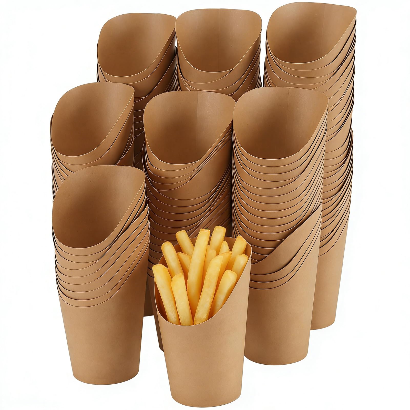 HAKZEON 150 Pcs 16oz French Fries Holder, 500ml Kraft Paper French Fry Cups, Charcuterie Cups for Party, Wedding, Take Out, Appetizer, Snack, Chips, Waffle, Popcorn, Bake, Ice Cream, Dessert, Brown