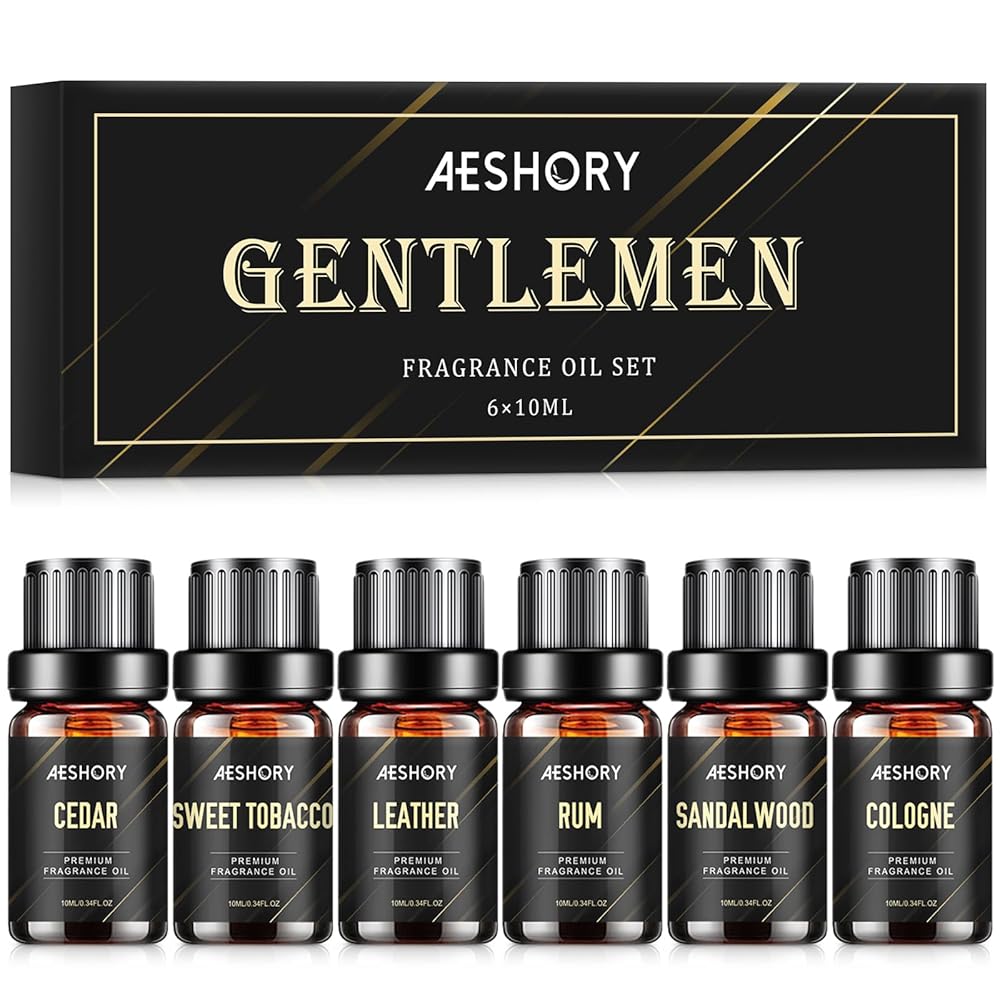 Gentlemen\'s Essential Oils Set - 6x10ML Mens Fragrance Oil for Candle Making, Diffuser - Sandalwood, Cedar, Leather, Sweet Tobacco, Bay Rum, Cologne Aromatherapy Oils for Men