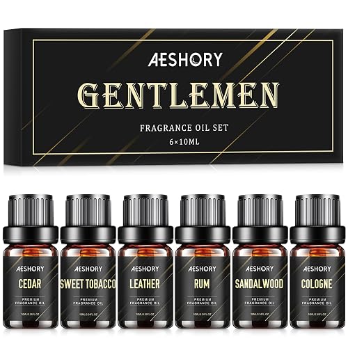 Gentlemen's Essential Oils Set - 6x10ML Mens Fragrance Oil for Candle Making, Diffuser - Sandalwood, Cedar, Leather, Sweet Tobacco, Bay Rum, Cologne Aromatherapy Oils for Men