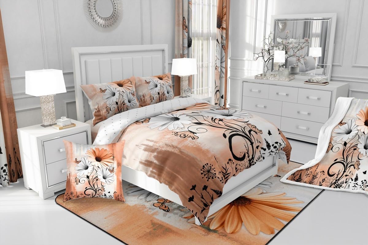 jejeloiu Rustic Farmhouse Curtain,(2 Panels,42 x 63 Inch),Daisy Floral Flowers and Butterfly on Country Wooden Window Drapes,Turquoise Gray White Orange Blackout Shades,Darkening Curtain