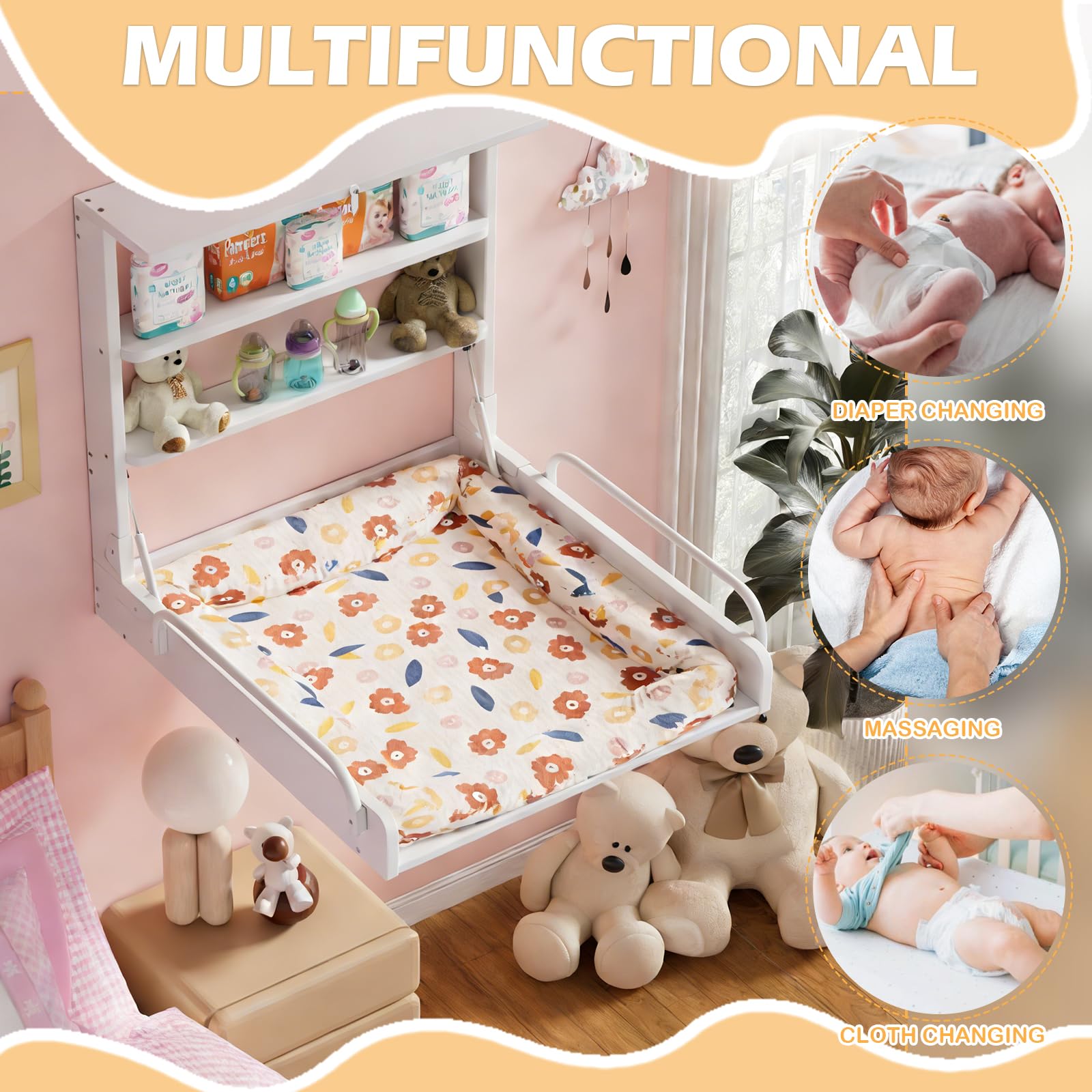 MSFE Wickelkommode Wickeltisch Klappbar, Baby Changing Table Wandwickeltisch mit 3 Regalfächern, Holz weiß