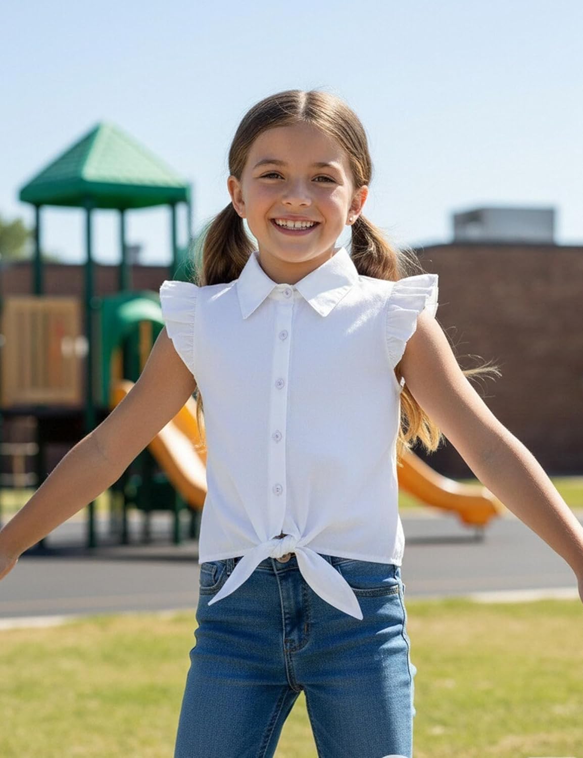 Girls Sleeveless Plaid Button Down Shirt Summer Crop Tops Tie Knot Ruffle Sleeve Shirt Blouse 3-12Y - Image 5