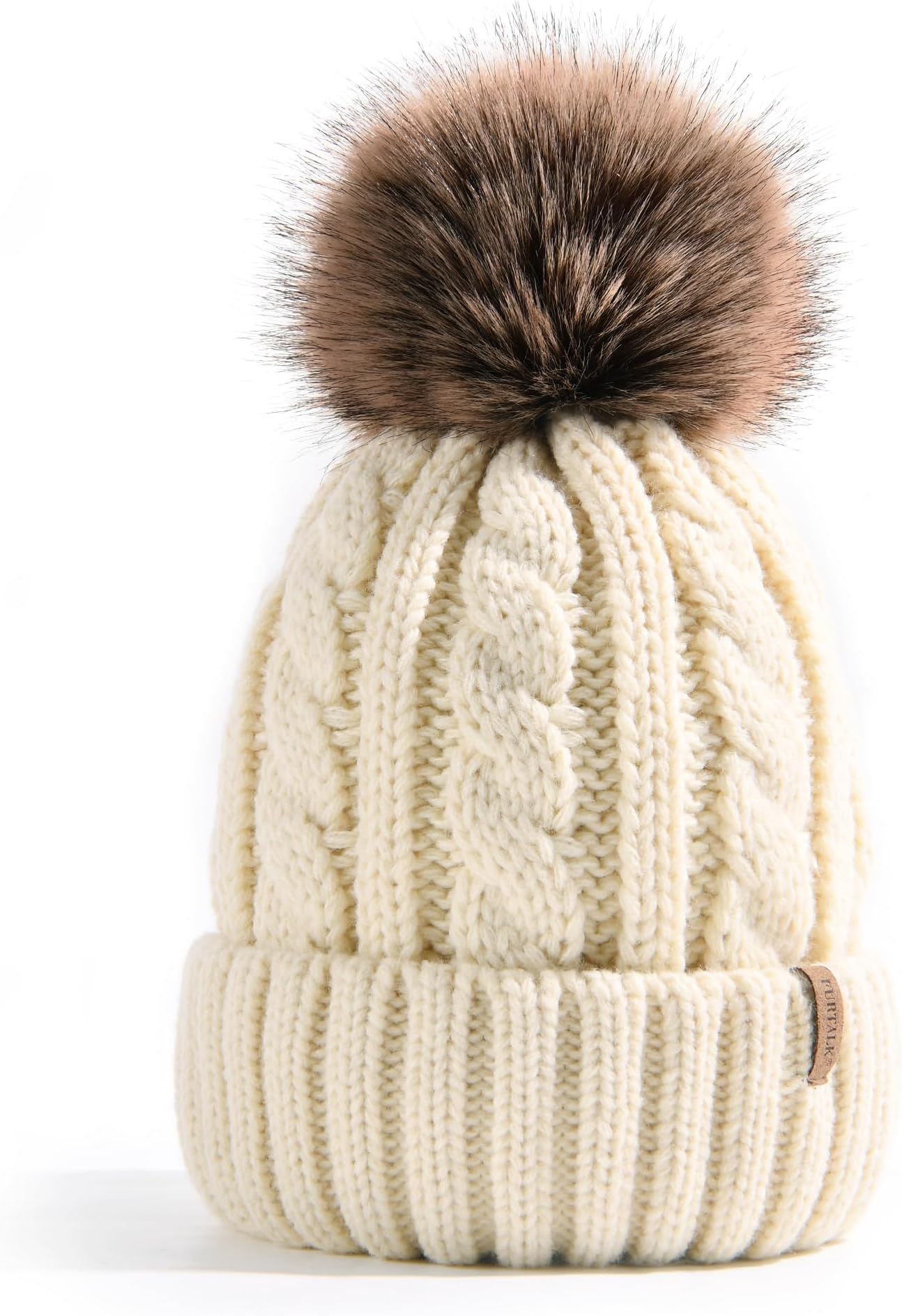FURTALK Winter Beanie Hat for Women Cotton Lined Faux Fur Pom Pom Hats Womens Warm Thick Knit Skull Cap