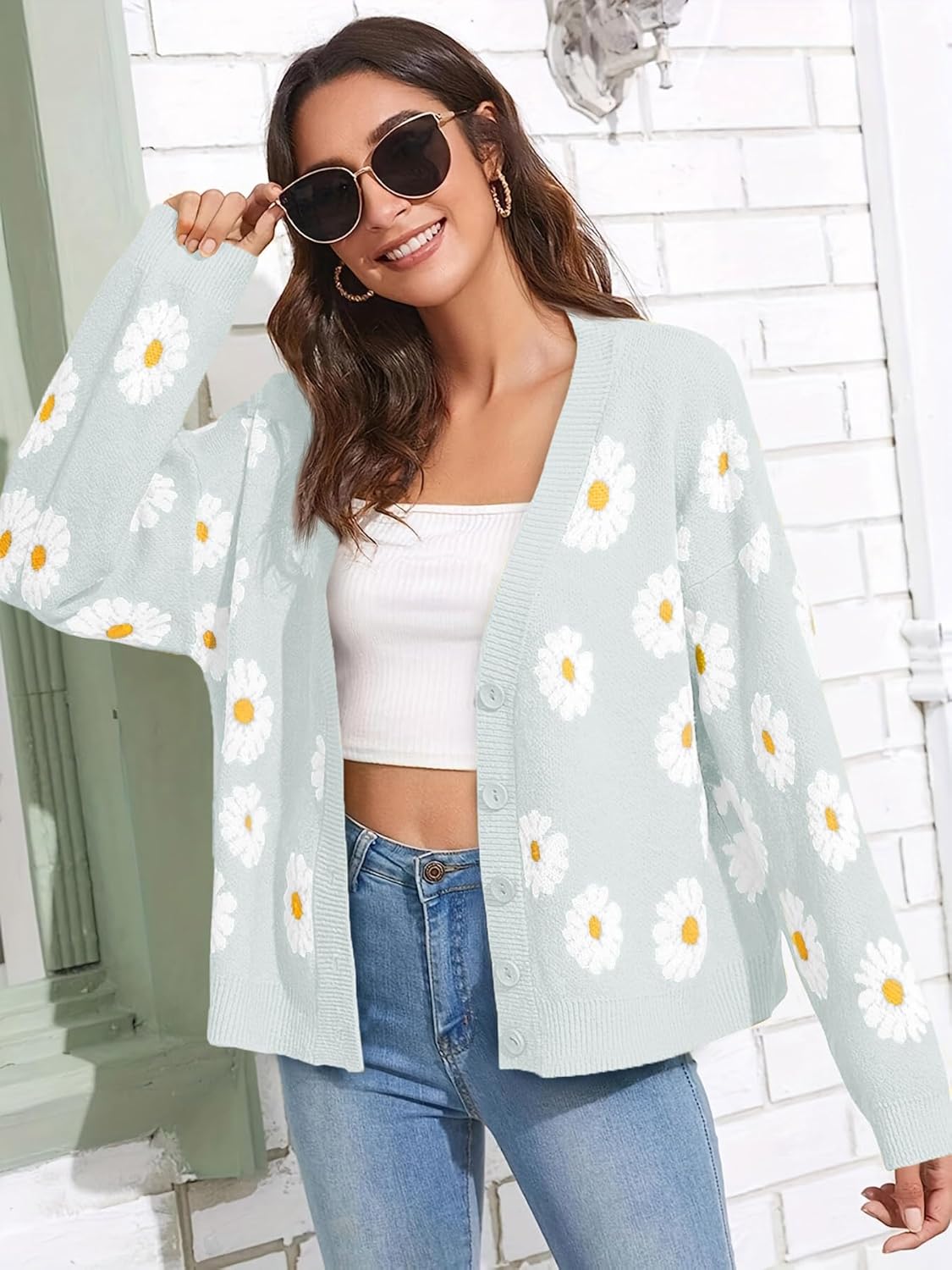 Women's Floral Print Cardigan Long Sleeve Open Front Button Down V Neck Knitted Sweaters - Image 2