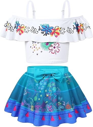 COTRIO Traje de baño de princesa para niñas, traje de baño floral con volantes de 2 piezas, traje de baño de playa con hombros descubiertos